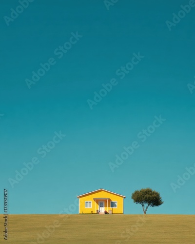 Bright yellow house stands alone on green hill under clear blue sky