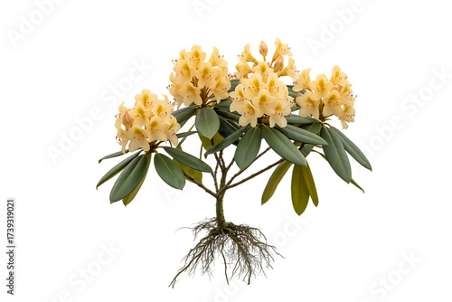 Delicate yellow rhododendron bush with visible roots isolated on transparent background