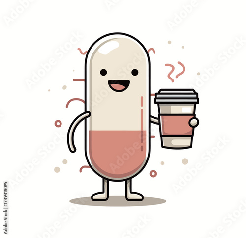 A cheerful capsule character smiles while holding a cup of warm coffee. The background features playful steam and light colors, creating a fun atmosphere.