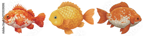 Three vibrant fish swim side by side in bright orange and yellow colors, showcasing their unique patterns and textures. This lively underwater scene captures their beauty.