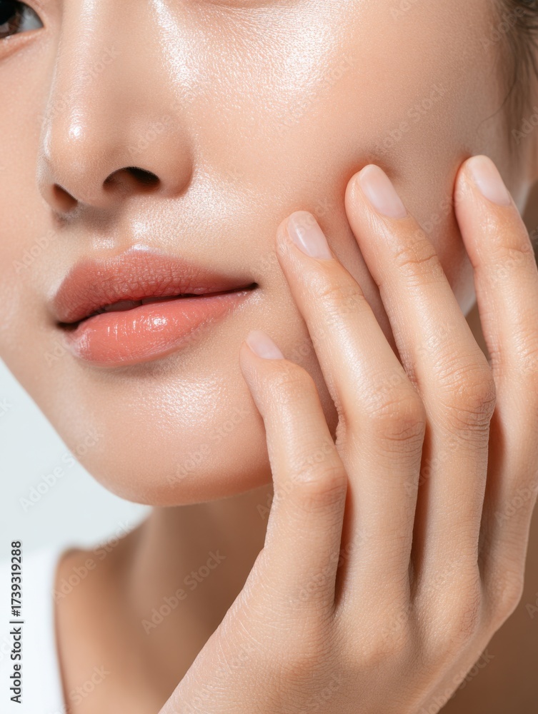 Fototapeta premium Close-up view of a womans face showcasing natural beauty and healthy skin glow