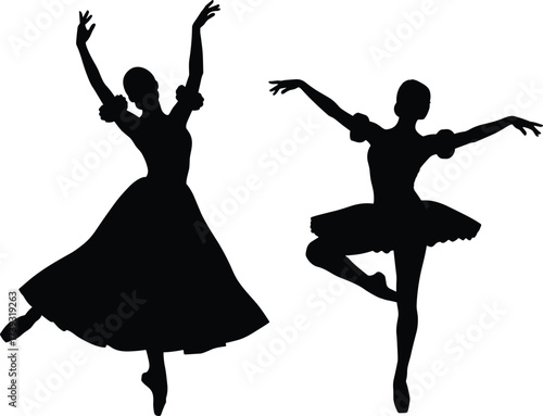 Ballet dancer silhouette set, expressive pose vector, black minimal illustration, flowing dress and tutu styles, graceful movement graphic