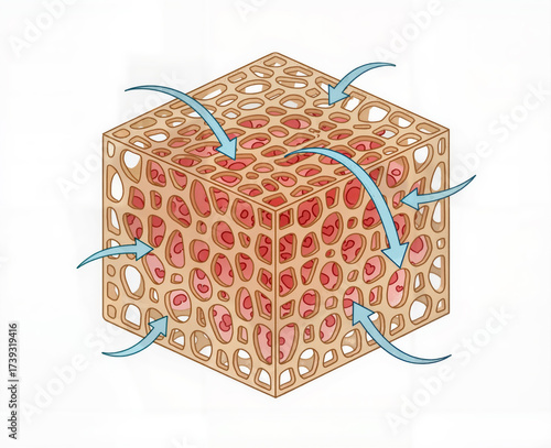 Scientific illustration of Cancellous (Spongy) Bone structure, showing the porous, trabecular architecture and the flow of nutrients or fluids within the bone matrix.