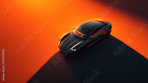 Stylish black car parked under an orange sunset casting vibrant shadows on the ground