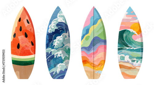 Colorful Surfboard Designs Featuring Nature Themes and Artistic Styles