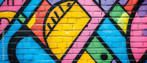 Colorful geometric street art with vibrant colors on old brick wall texture