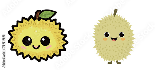 Brightly colored cartoon characters of durian fruit are smiling joyfully. One is drawn as a fruit with a leaf, while the other has a playful, cheerful face.