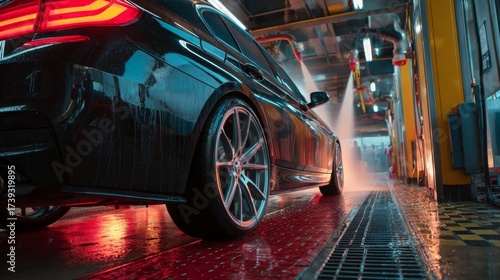 Technology, Automatic car wash machine in action. Car going through an automated wash. High-pressure water spray in the wash machine. Dotted with soap suds. Tunnel Wash Automatic Car.