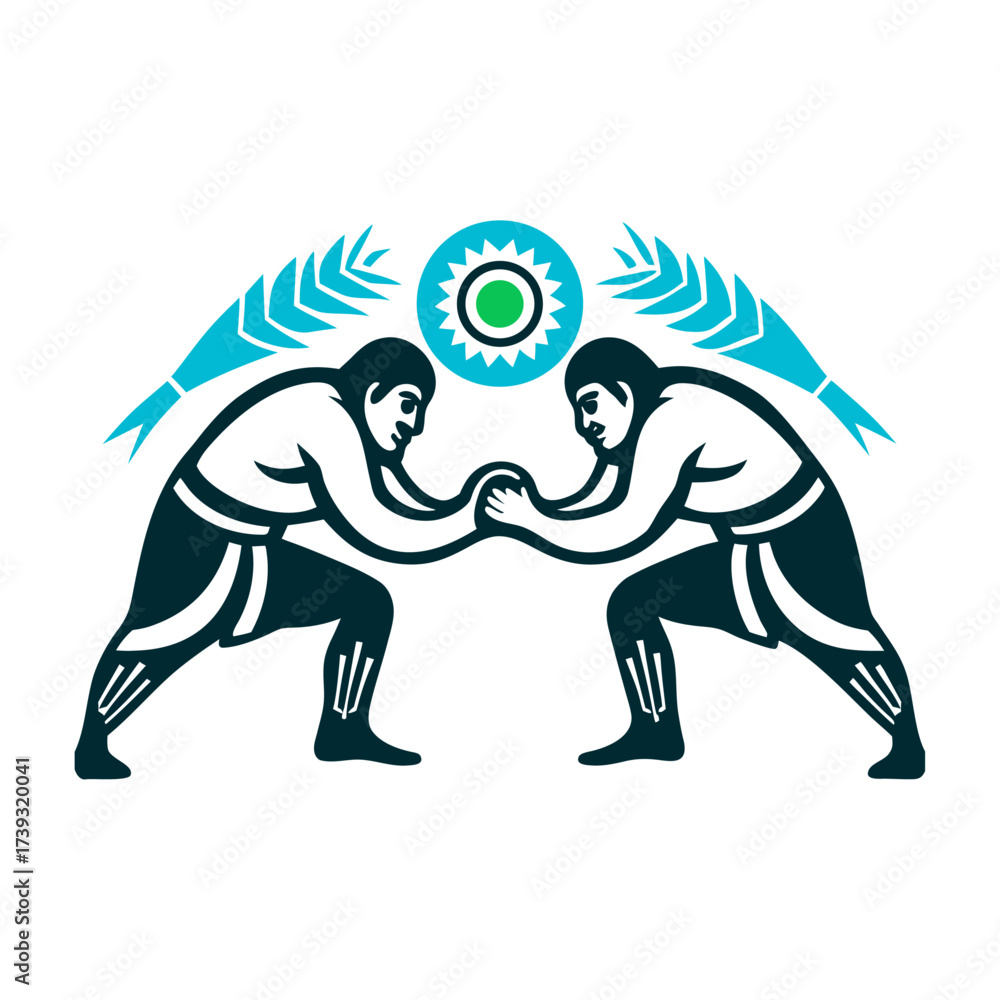 Obraz premium Kazakh Kures Wrestling Illustration, Belt Gripping Kures Wrestling Kazakhstan Two wrestlers gripping each other’s belts