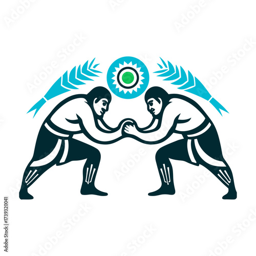 Kazakh Kures Wrestling Illustration, Belt Gripping Kures Wrestling Kazakhstan Two wrestlers gripping each other’s belts