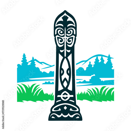 Pouwhenua Carved Marker with Landscape Silhouette Carved land boundary marker Pouwhenua