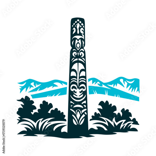 Pouwhenua Carving with Mountain Backdrop Pouwhenua Carved land boundary marker