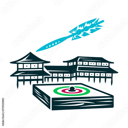 Khuru Dart Throwing Bhutanese Game Illustration Khuru Dart Throwing Bhutan Wooden dart in flight toward a small target