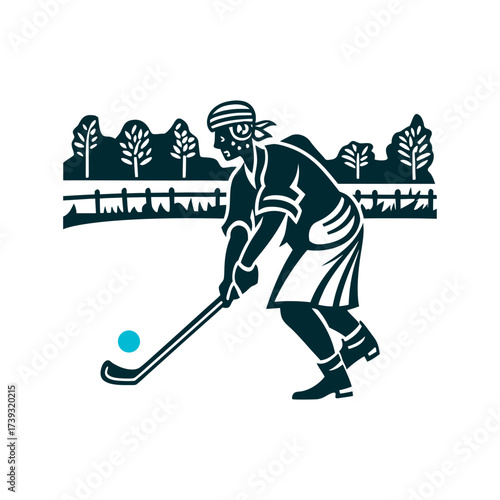 Sagol Kangjei Player Striking Ball Illustration Sagol Kangjei Polo Manipur India Player leaning sideways to strike a ball