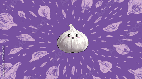 A charming garlic character with a happy face sits in the center of a vibrant purple background. Garlic cloves surround it, adding to the playful design.