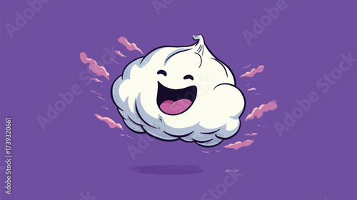 A cheerful cartoon cloud with a big smile and closed eyes floats against a vibrant purple background. Surrounding it are whimsical puffs of vapor that enhance its playful look.