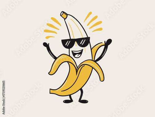 A cartoon banana character is smiling and wearing sunglasses, striking a fun pose with arms raised. The design is bright, colorful, and whimsical, adding joy to any setting.