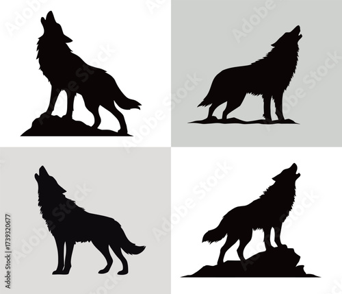Four distinct silhouettes of wolves howling, each positioned on different backgrounds. The wolves have various postures and are set in contrasting colors.