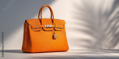 A luxury product shot of a Herms Birkin bag standing floor