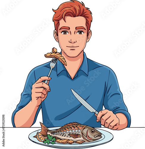 oung man enjoying seafood semi flat RGB color vector illustration. Dinner at gourmet restaurant. Redhead caucasian guy eating fish with fork and knife isolated cartoon character on white background