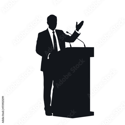 Silhouette of a man in suit giving speech behind podium isolated on white background