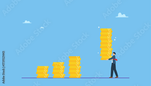 Businessman investor holding high stack of dollar money coins to put as growth compound graph. Compound interest effect, high return investment stock market or growth and prosperity economic.