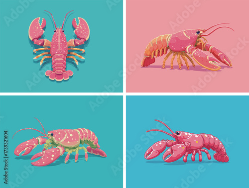 Four detailed illustrations showcase different types of lobsters. Each lobster is presented on a unique colorful background, highlighting their distinct features and colors.