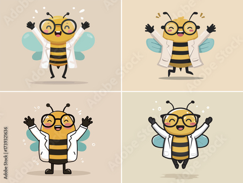 A cheerful cartoon bee with glasses and a lab coat displays excitement at a science fair. This lively character enjoys engaging with science and knowledge.