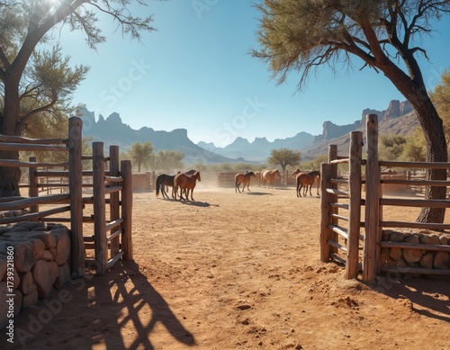Horses stand in a dusty corral on a sunny day. Rugged mountains form a backdrop to this arid desert ranch scene. Wooden fences enclose the animals.