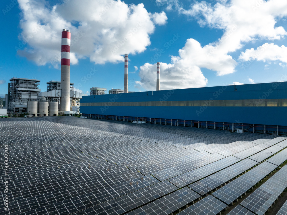 Obraz premium aerial view power station under blue sky