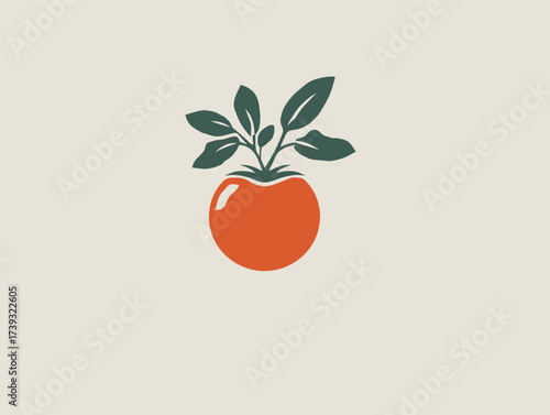 A vibrant orange tomato with lush green leaves sits against a soft light background, highlighting its freshness and natural appeal.