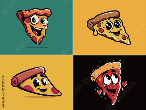 Four cartoon pizza slices wear happy expressions, each on a different bright background. They feature exaggerated eyes and smiles, showcasing a playful design.