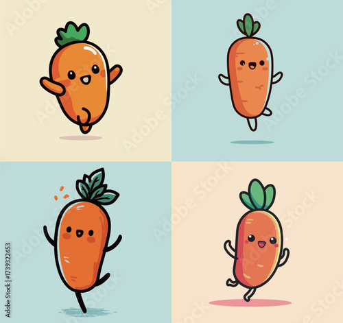 Four adorable cartoon carrots with happy faces dance across light pastel backgrounds. Each carrot displays a unique joyful pose, bringing lively energy to the scene.