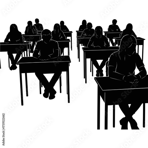 Silhouettes of students sitting at desks in a classroom isolated on white background