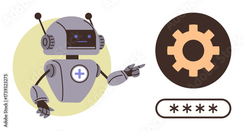 Robot pointing at gear icon with a password field. Ideal for technology, automation, programming, cybersecurity, innovation, robotics, efficiency. Simple flat metaphor