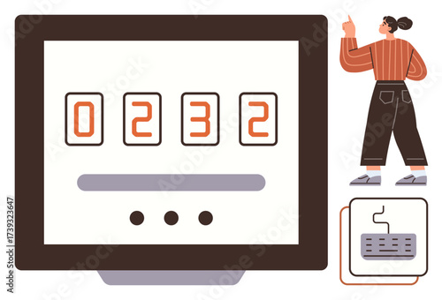 Digital counter on screen with four numbers, woman pointing and observing, keyboard, and cables. Ideal for productivity, technology, data tracking, analytics, tech tutorials software usage simple