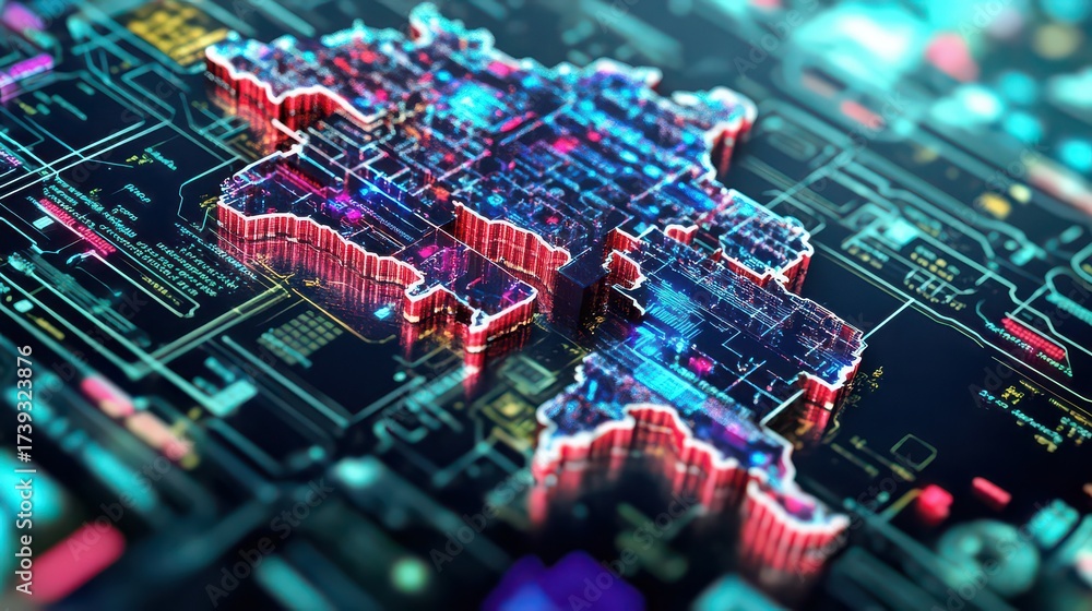 Obraz premium Futuristic digital map of nagornokarabakh with glowing circuit board pattern and neon lights, technology concept