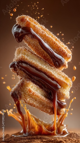 Delicious churros stacked high, dripping with warm chocolate sauce and caramel on a dark background at a dessert shop