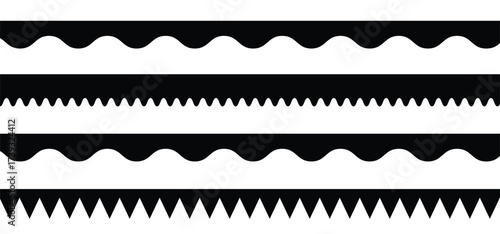 Scalloped edge seamless set. borders and dividers. Simple scalloped border. Repeat cute vintage frill ornament. Texture ribbons. Vector illustration
