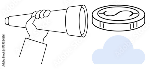 Hand holds telescope pointed towards coin, cloud beneath, envisioning financial opportunity, planning, analysis. Ideal for finance, investment, vision, focus strategy business success future