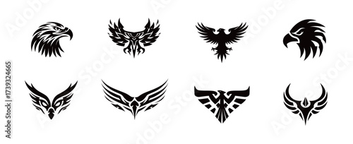 This artwork showcases a variety of eight unique tattoo designs featuring eagles and phoenixes. Each design displays distinct patterns and styles, all in black ink.