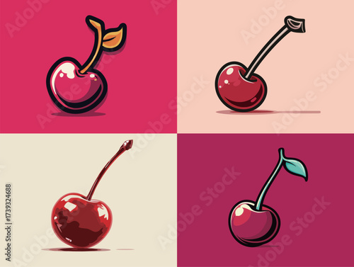 Different styles of cherries are displayed on colorful backgrounds. Each cherry has a unique design and playful colors, highlighting artistic creativity and vibrant imagery.