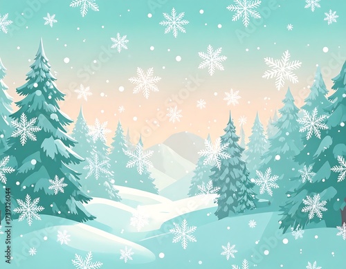 A serene winter forest with falling snowflakes