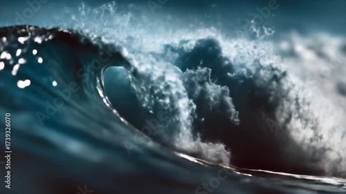 Ocean wave rolling over and crashing with white foam and sunlight