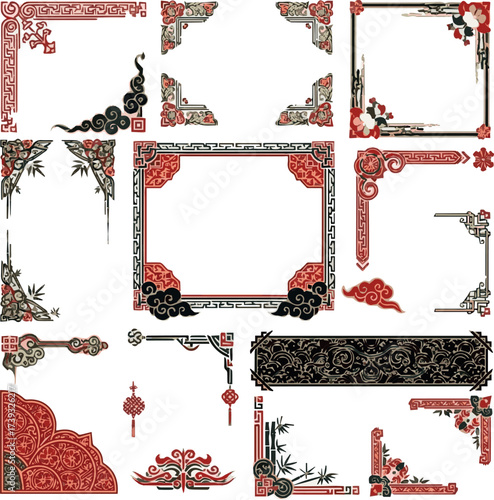  se frame geometric set, vector oriental border print, asian vintage holiday New Year decor. Traditional Japanese festive ornament corners, classic antique east greeting card design. Chinese frame