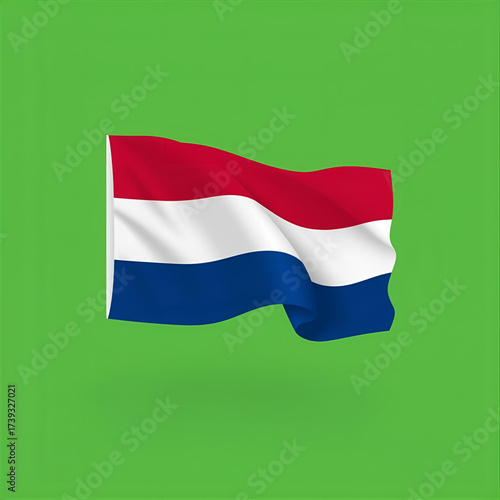 Waving Dutch flag on a vibrant green background symbolizing national pride and identity
