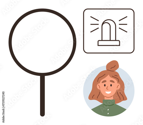 Magnifying glass next to emergency alert icon and smiling woman portrait. Ideal for search, investigation, alertness, assistance, profile, safety, service themes. A simple flat metaphor