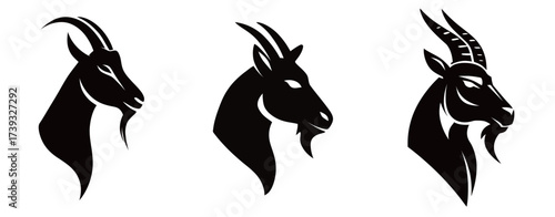 Three black silhouettes of goats display distinct features, with varying horn shapes and expressions. Each figure highlights unique characteristics.