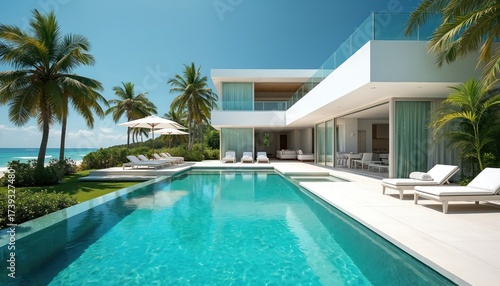 Wallpaper Mural Modern beachfront villa with large swimming pool and sun loungers. Luxurious tropical property with palm trees, garden and ocean view. White building with glass walls and balcony overlooking sea. Torontodigital.ca