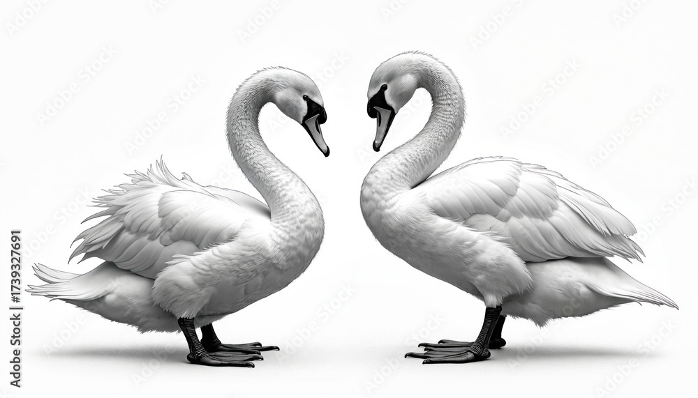 Fototapeta premium Two white swans face in monochrome pencil sketch illustration. Elegant birds stand with curved necks, soft feathers. Detailed drawing beauty, serenity. Isolated on white background.